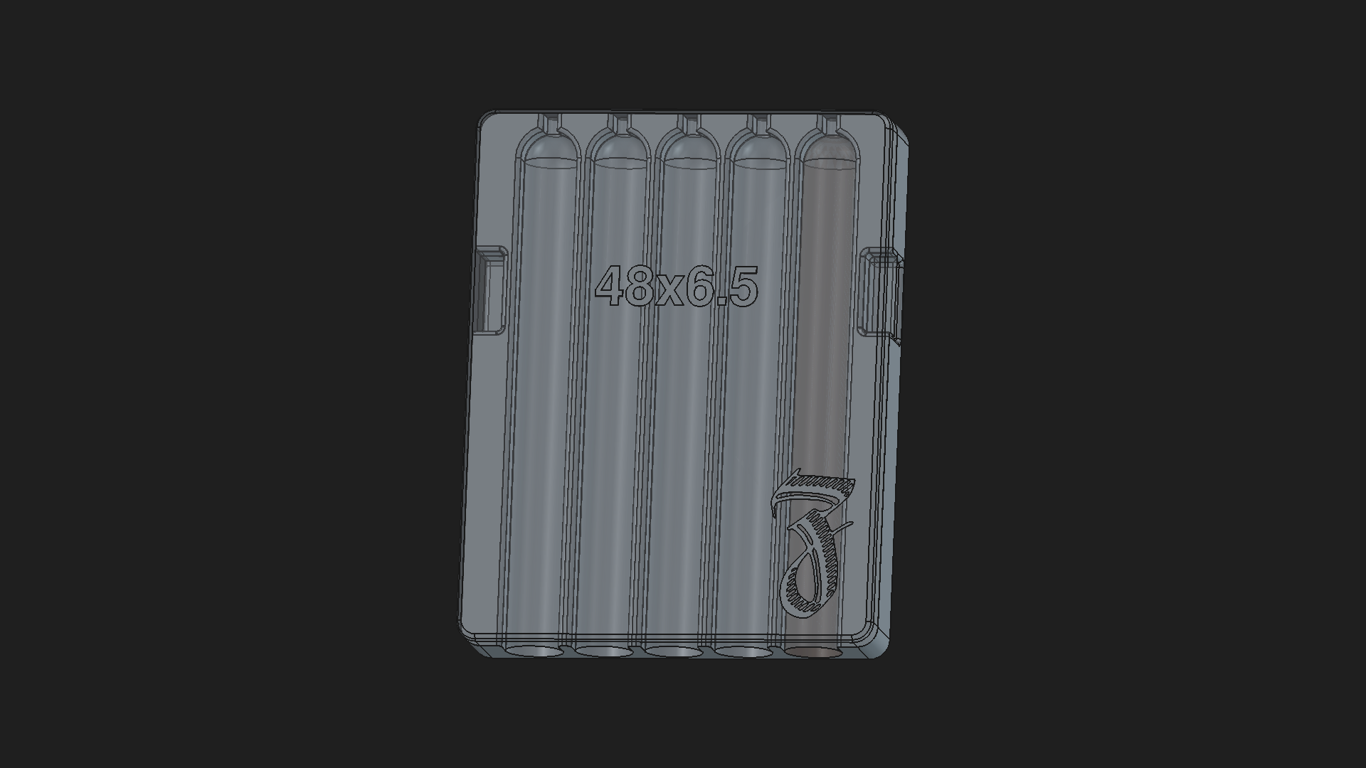 Rendering of a 48 ring gauge, 5-slot parejo cigar mold, 6.5 inch cavity length